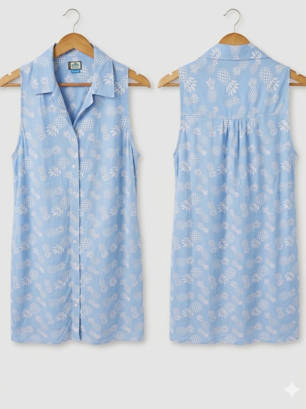 Kavu Light Blue Sleeveless Midi Shirt Dress with White Pineapple Print